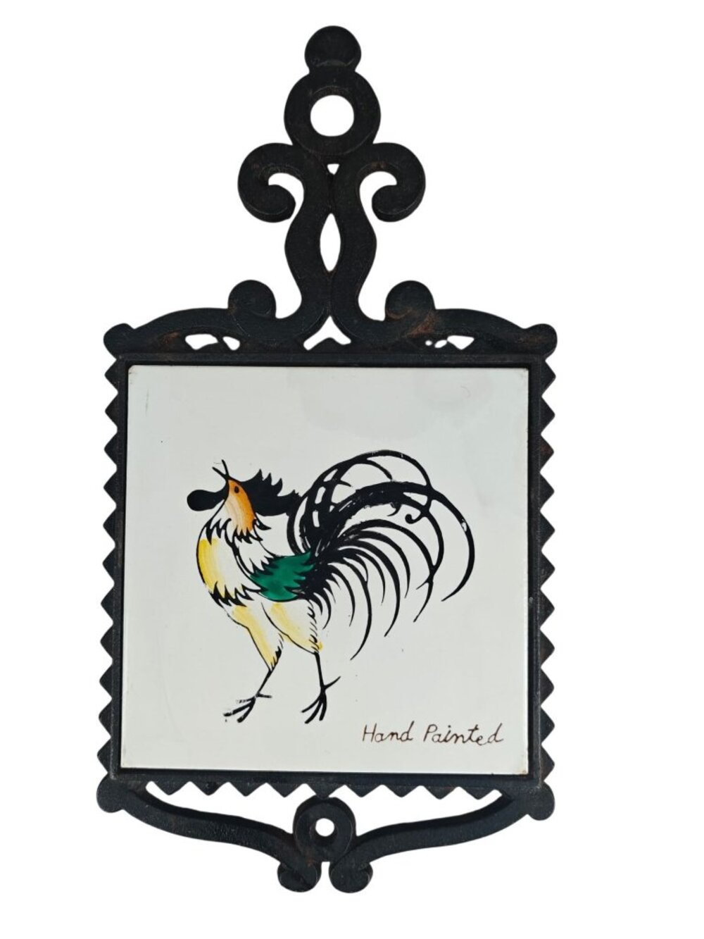 Vintage Cast Iron Rooster Trivet Hand Painted Ceramic Tile Japan Kitchen 8"